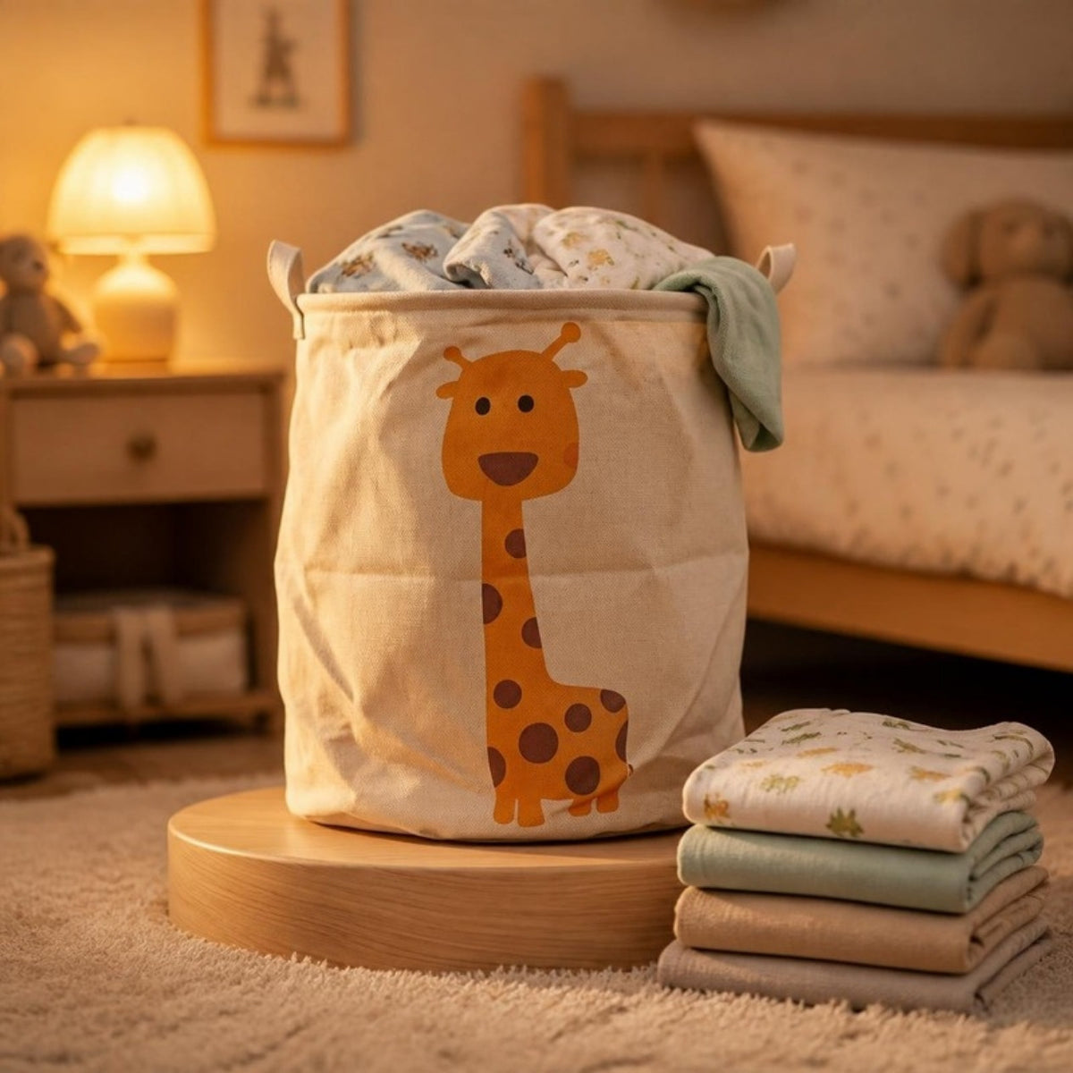 KidMat Wäschebox Gisela Giraffe mit Kinderbettwäsche im Kinderzimmer – faltbarer Wäschekorb