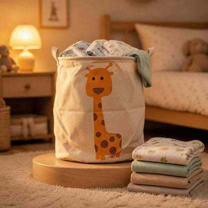 KidMat Wäschebox Gisela Giraffe mit Kinderbettwäsche im Kinderzimmer – faltbarer Wäschekorb