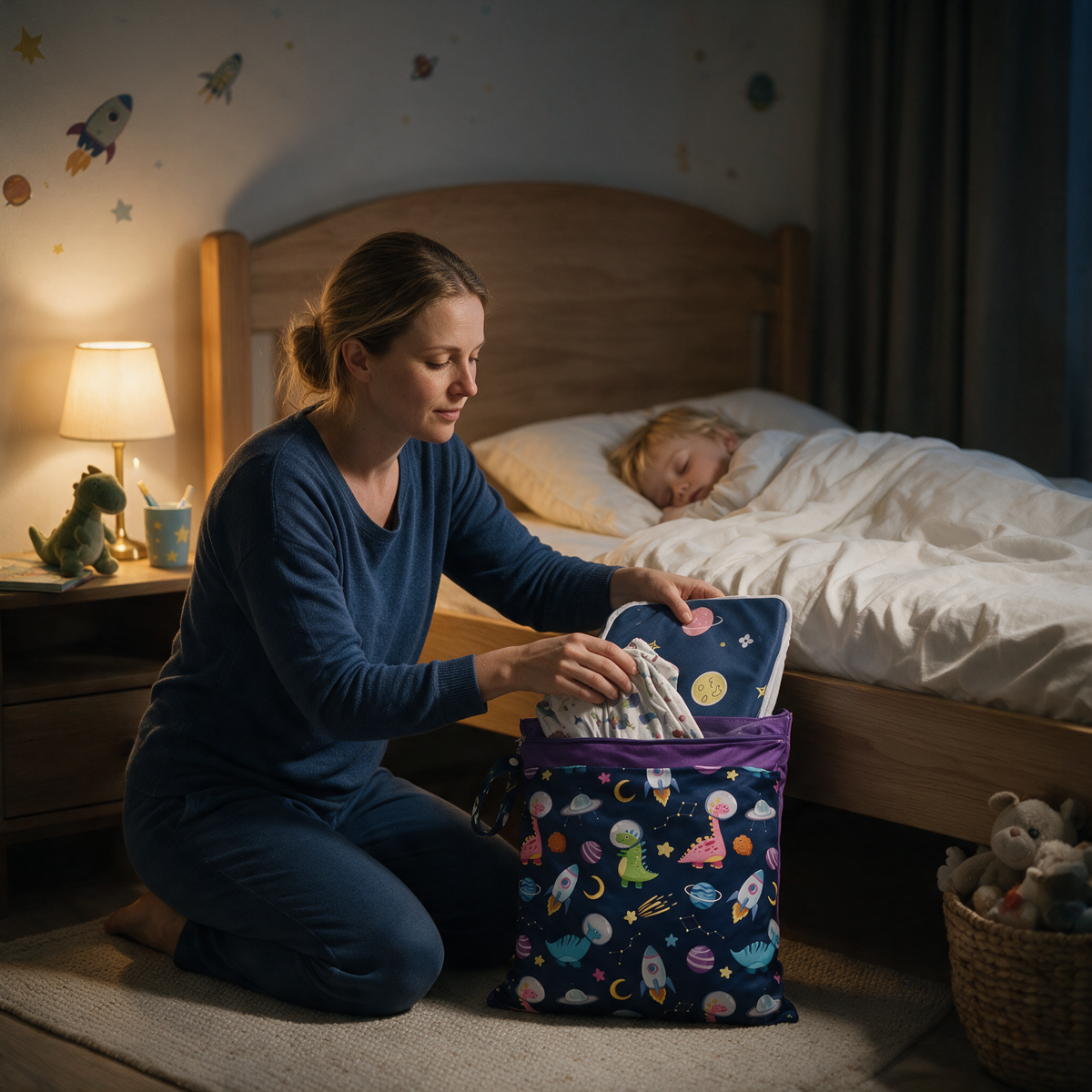 Mama packt nachts nasse Sachen in den DryBag